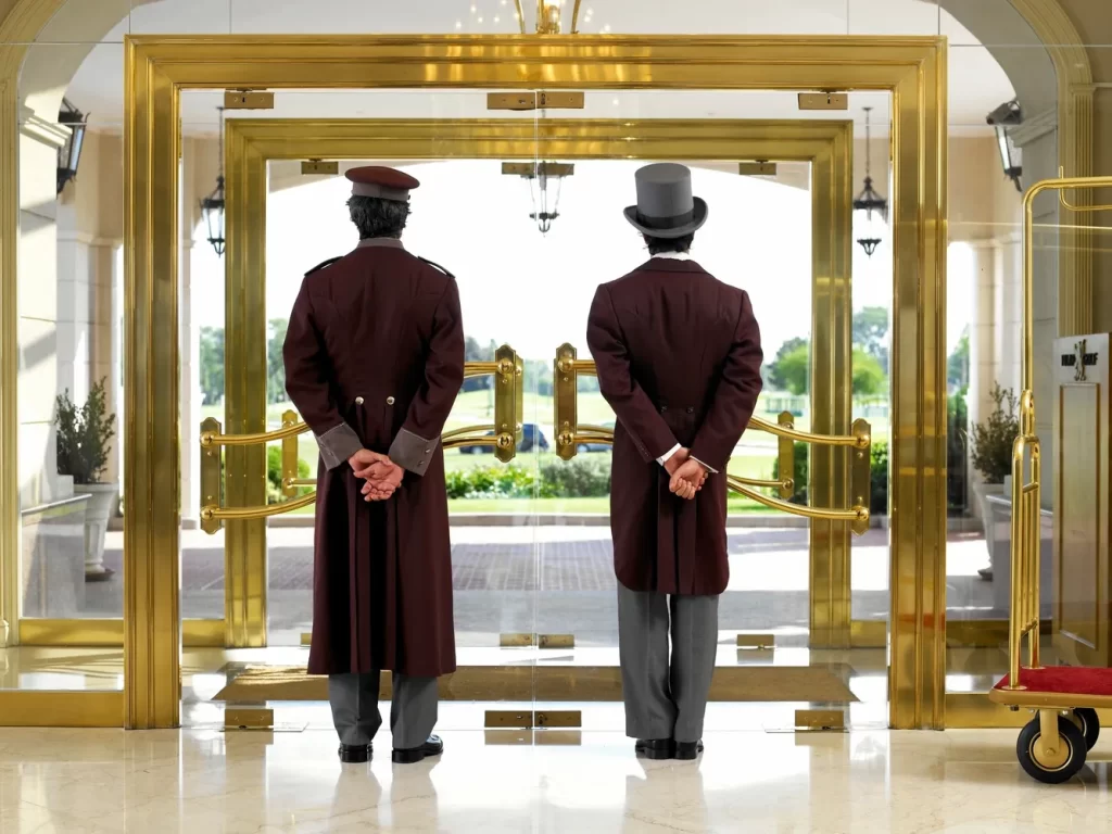 Two men in top hats and suits standing at a door.