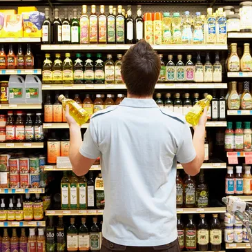 A man in yellow gloves is looking at bottles.